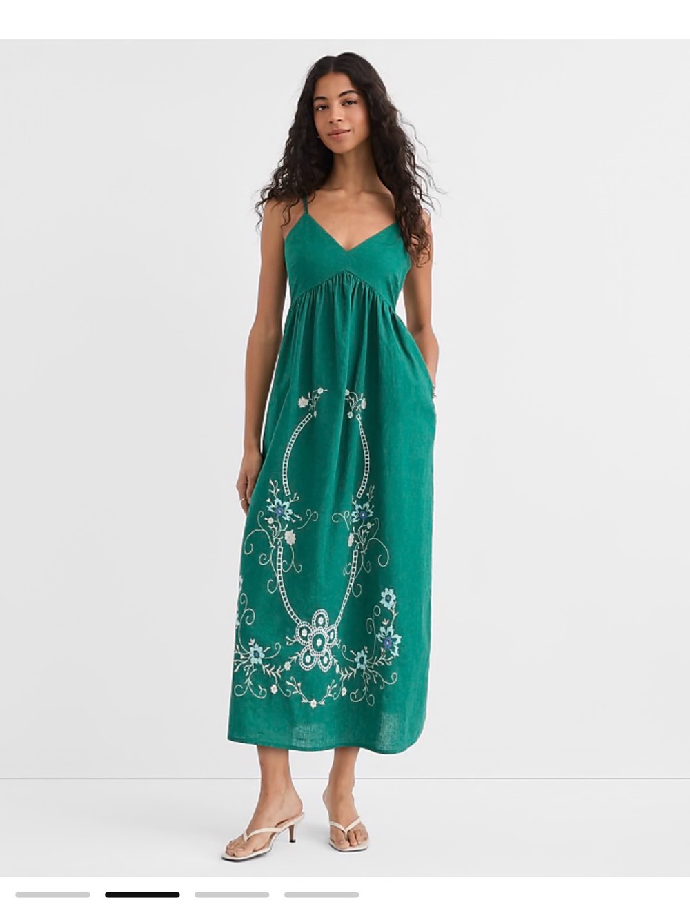 NWOT Loft Linen Embroidered Green V-Neck Strappy Midi Dress Size 12P